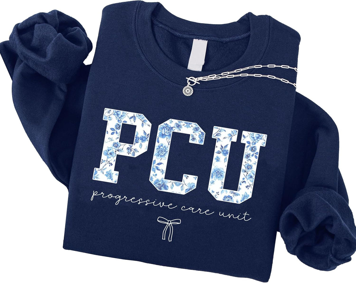 Custom Floral Medical Staff Sweatshirt, Personalized Healthcare Worker Crewneck with Blue Toile Letters, Nurse Gifts - Pcu