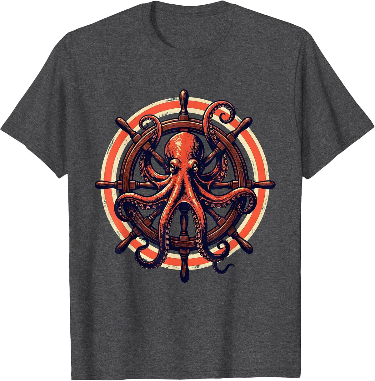 Men's Octopus Tangled Around Ship Steering Wheel T-Shirt - Dark Heather Grey