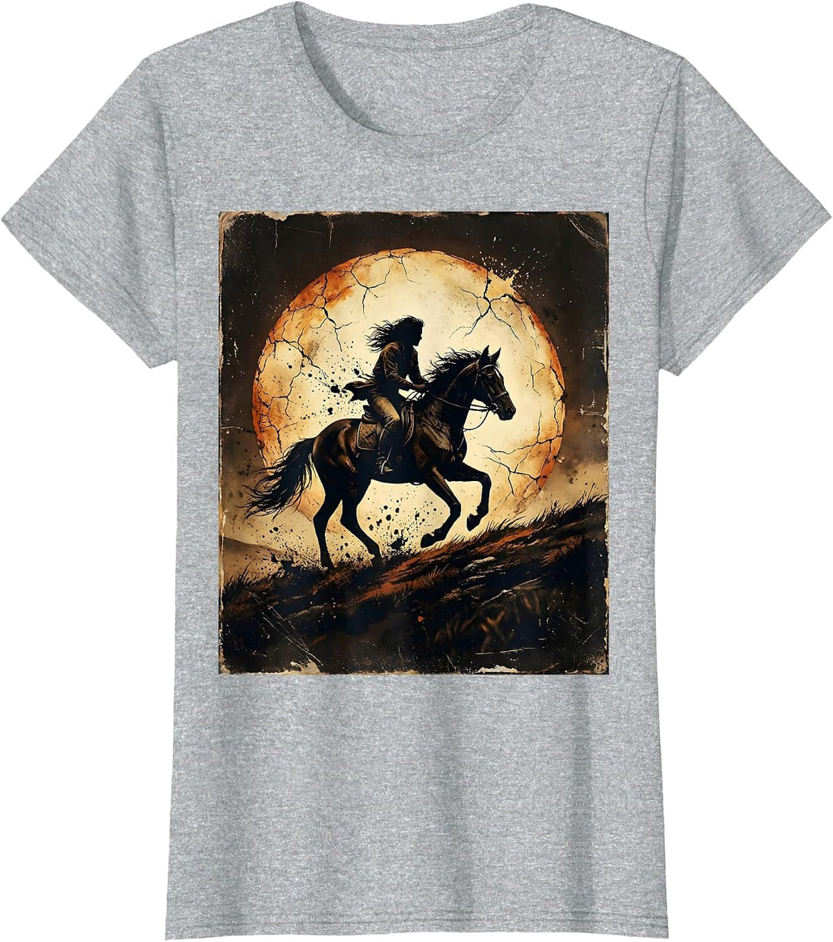 Equestrian Rider Silhouette Sunset Hillside Graphic T-Shirt - Heather Grey