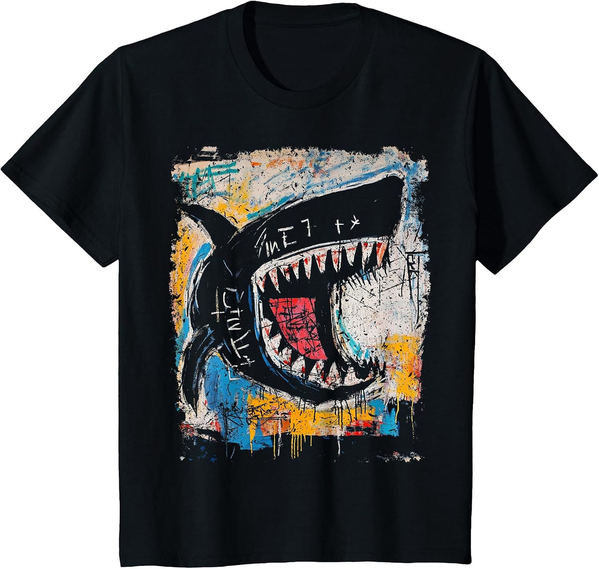Pop Art Style Shark 90s Men's Graffiti T-Shirt - Black