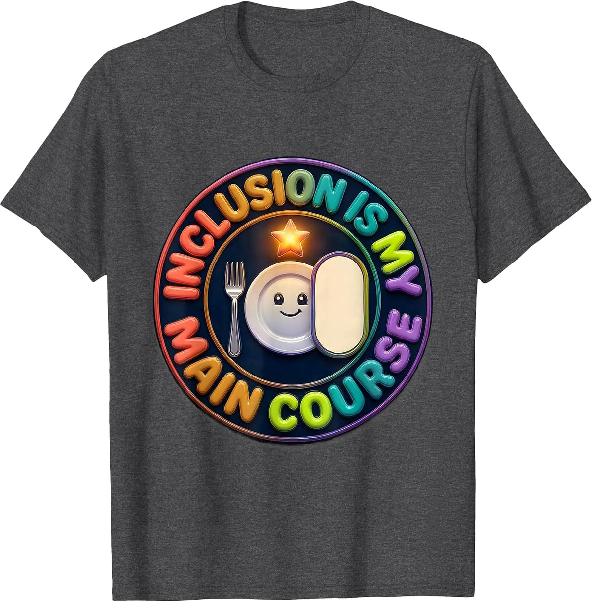 Inclusion Is My Main Course Colorful Special Education T-Shirt - Dark Heather Grey