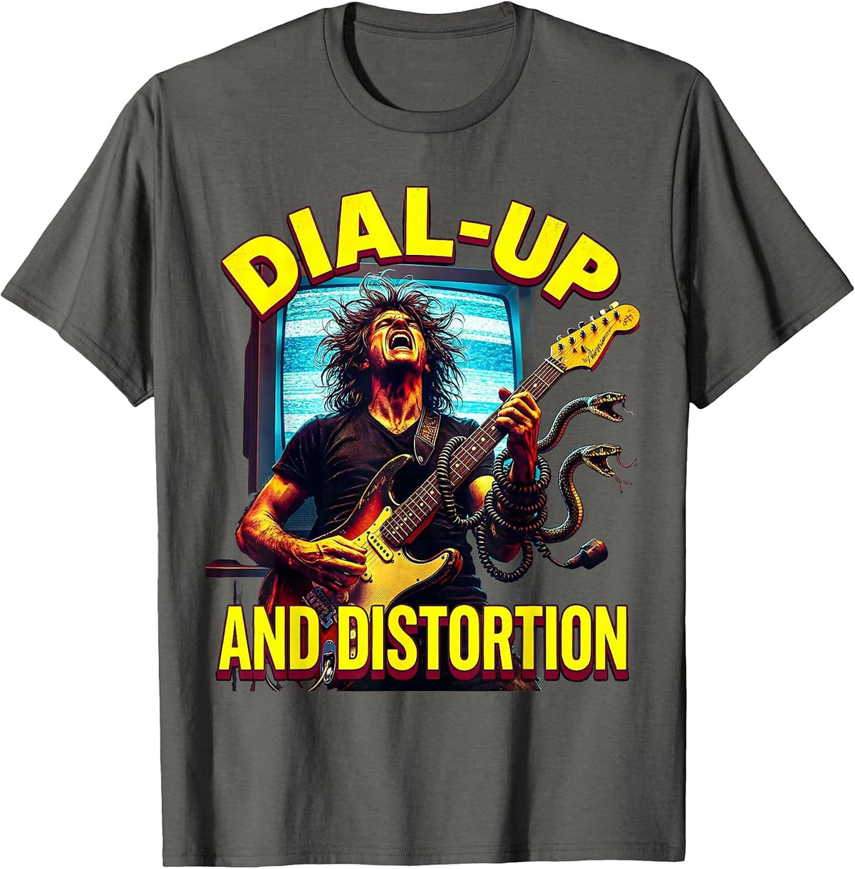 Dial-Up and Distortion 90s Band Graphic Design T-Shirt - Asphalt Grey
