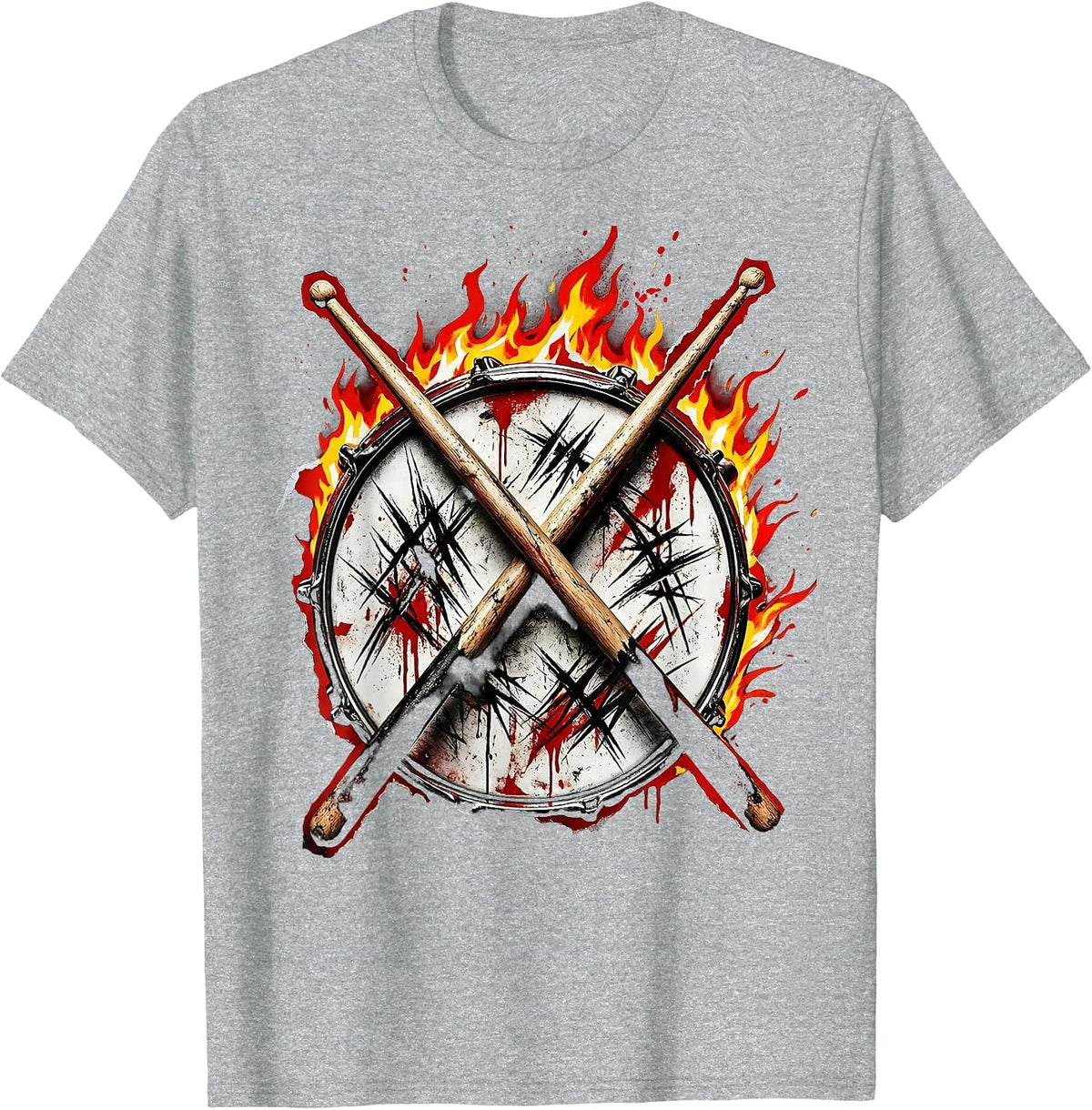 Men's 80s Rock Drummer Flaming Snare Drumsticks Graphic T-Shirt - Heather Grey