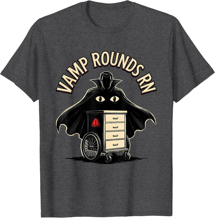 Men's Vamp Rounds RN Funny Halloween Nurse Medical Humor T-Shirt - Dark Heather Grey