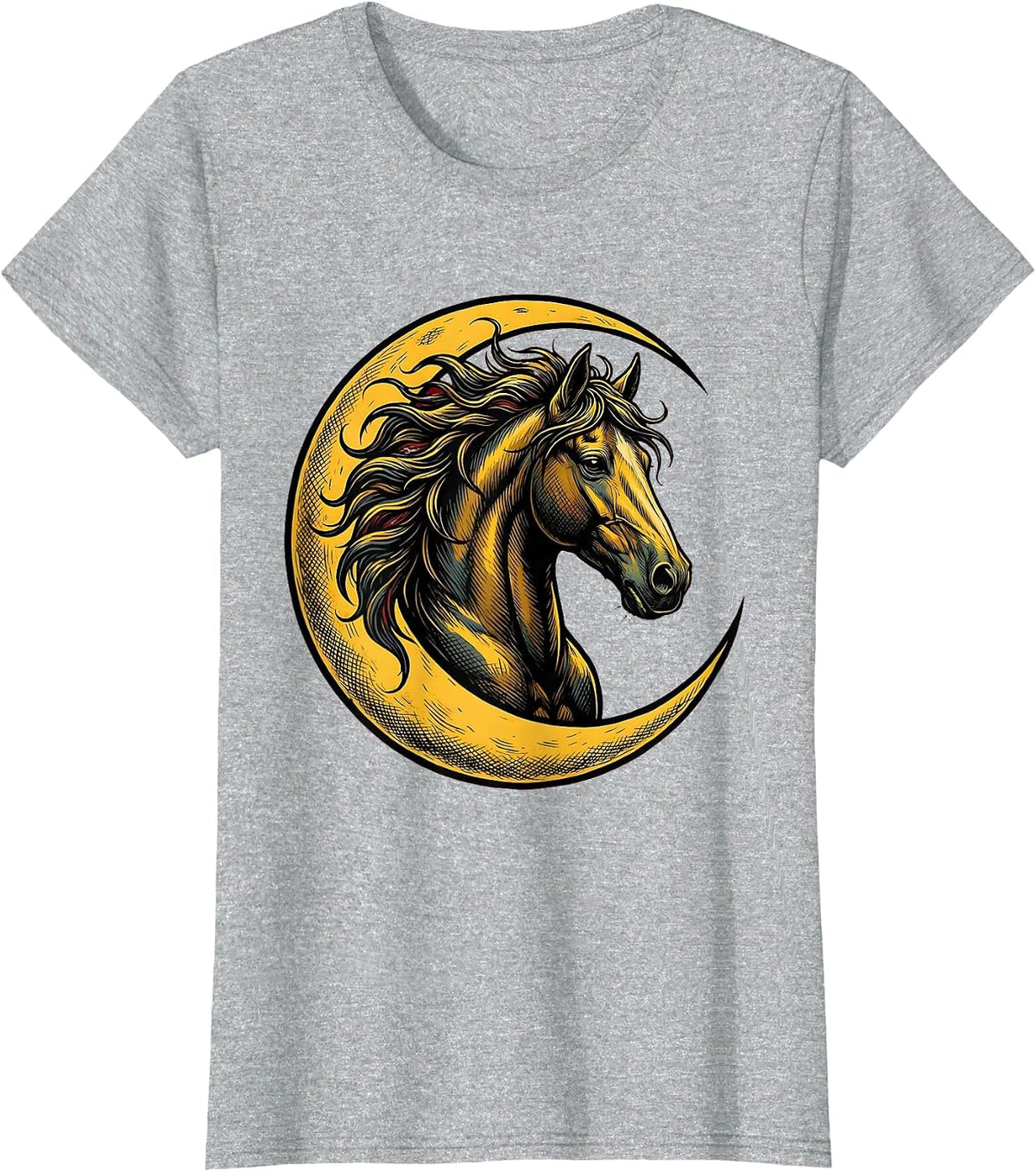 Horse Head Crescent Moon Celestial Night Art T-Shirt - Heather Grey