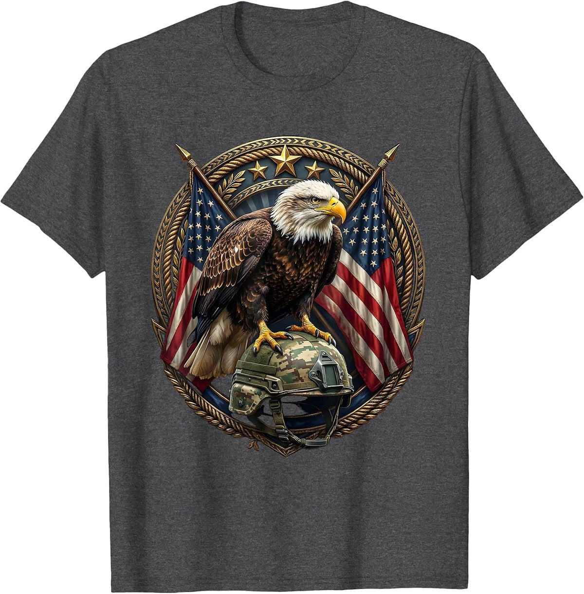 Men's Bald Eagle Military Helmet Veteran Graphic T-Shirt - Dark Heather Grey