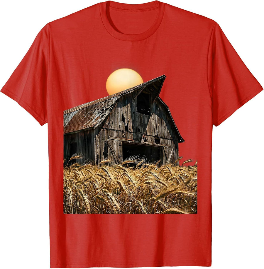 Men's Weathered Barn Golden Wheat Field Country Design T-Shirt - Red