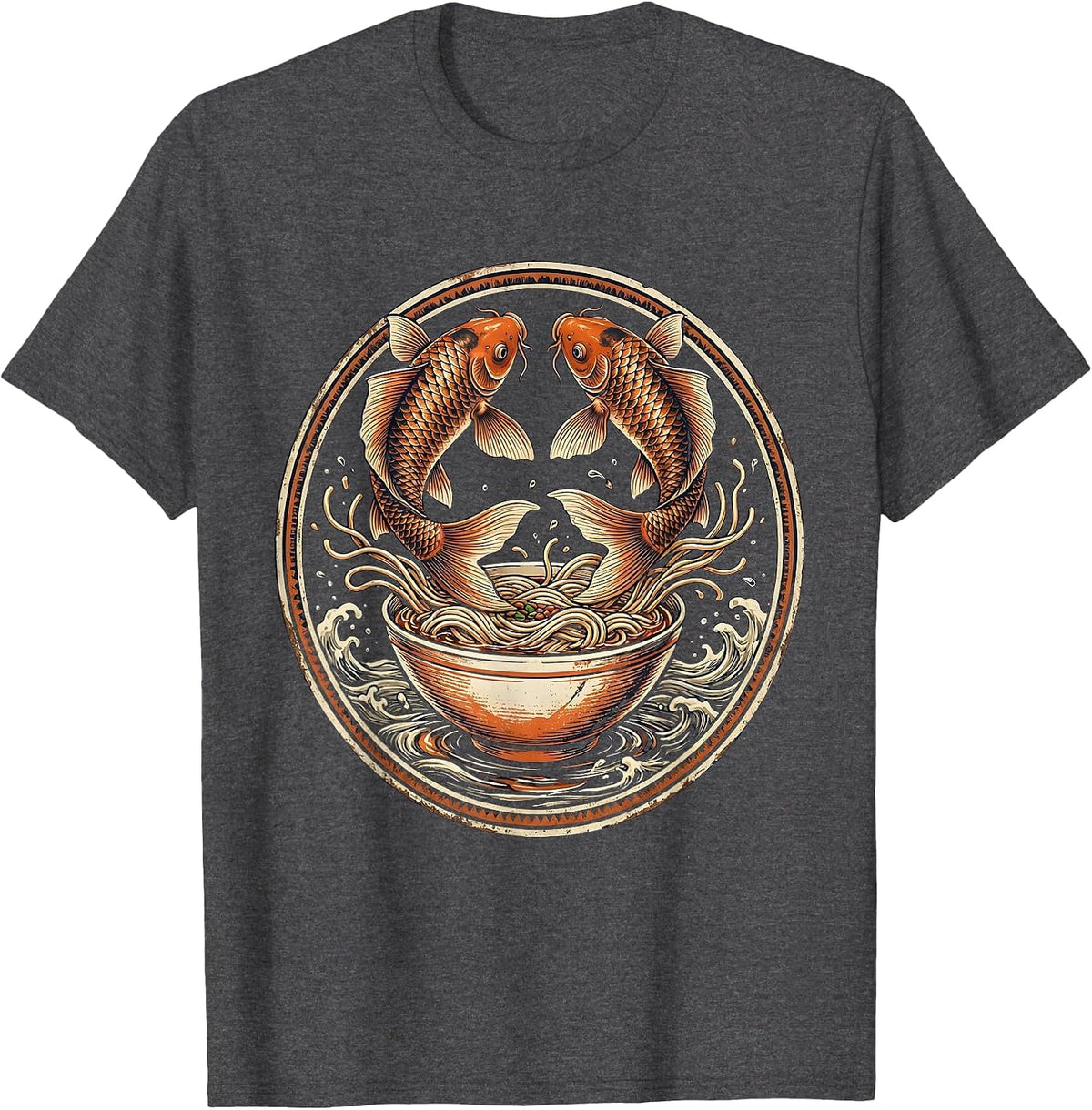 Men's Koi Fish Leaping From Noodle Bowl Graphic T-Shirt - Dark Heather Grey