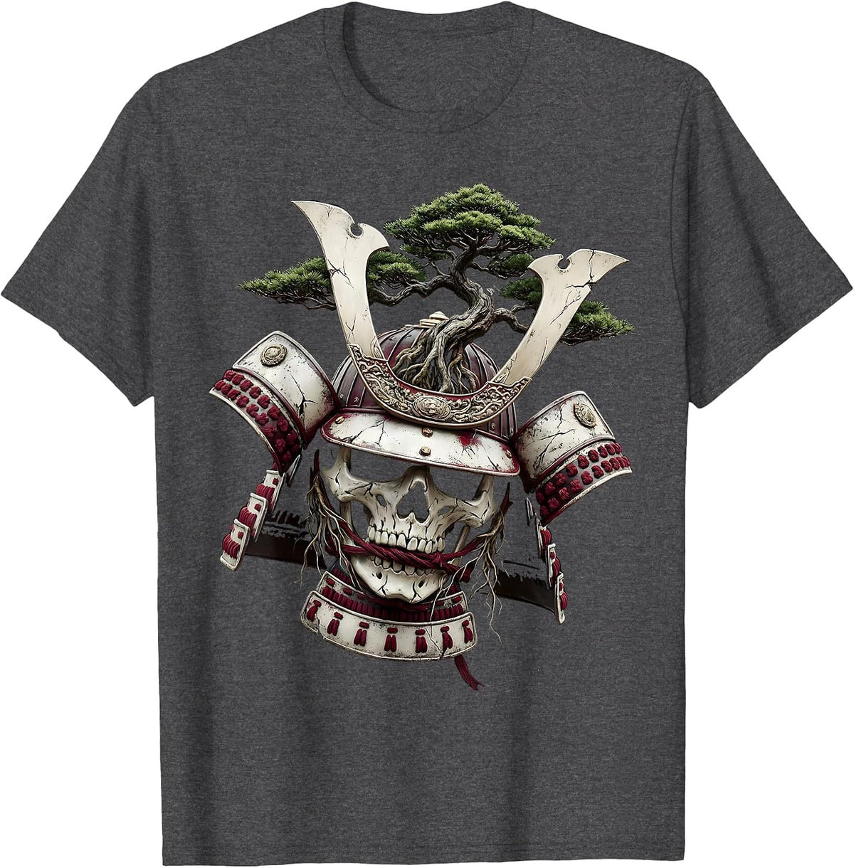 Bonsai Warrior Helmet Japanese Art Design T-Shirt - Dark Heather Grey