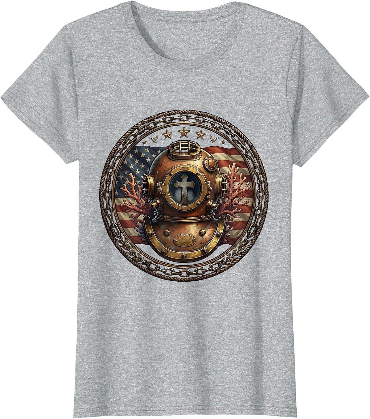 Red White and Blue Diving Helmet Coral Stars T-Shirt - Heather Grey