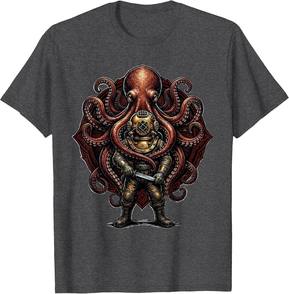 Deep Sea Diver vs Giant Octopus Cruise Design T-Shirt - Dark Heather Grey