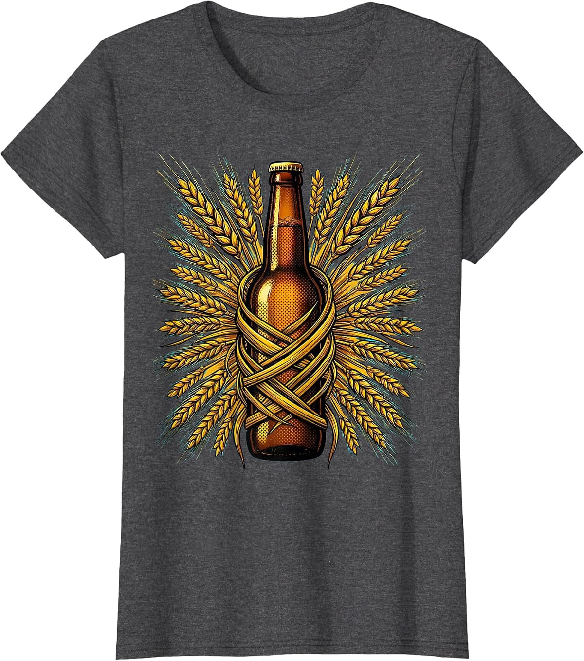 Women's Wheat and Bottle Craft Beer Illustration T-Shirt - Dark Heather Grey