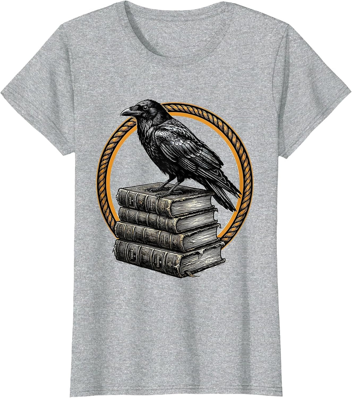 Crow Perched on Stack of Old Books T-Shirt - Heather Grey
