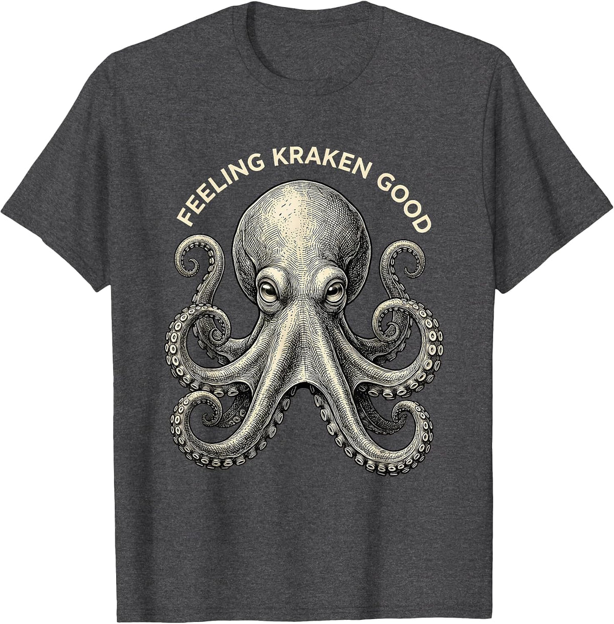 Feeling Kraken Good Crosshatch Octopus Portrait Ocean Animal T-Shirt - Dark Heather Grey