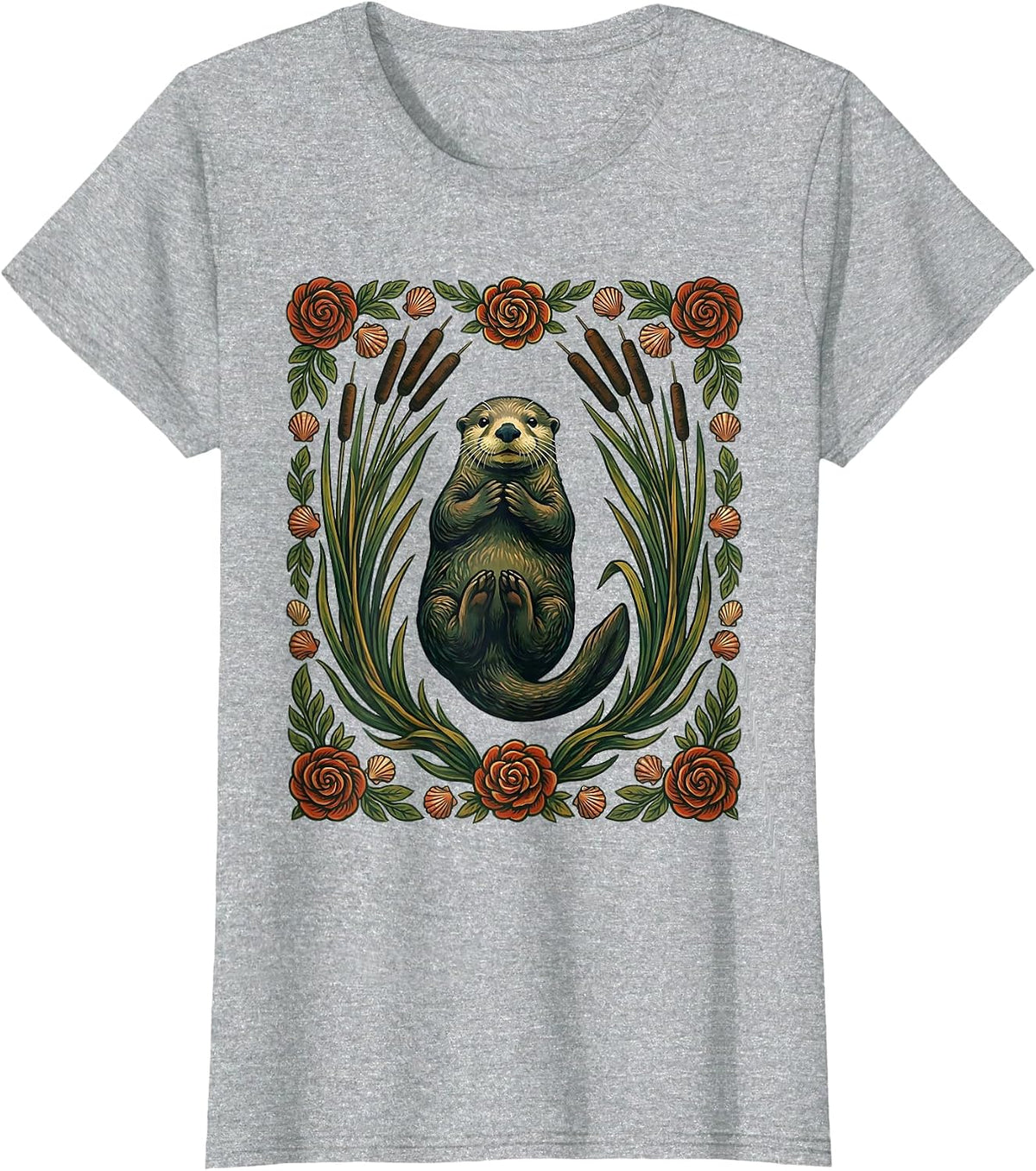 Women's Sea Otter Folk Art Floral Otter Lover Gift T-Shirt - Heather Grey