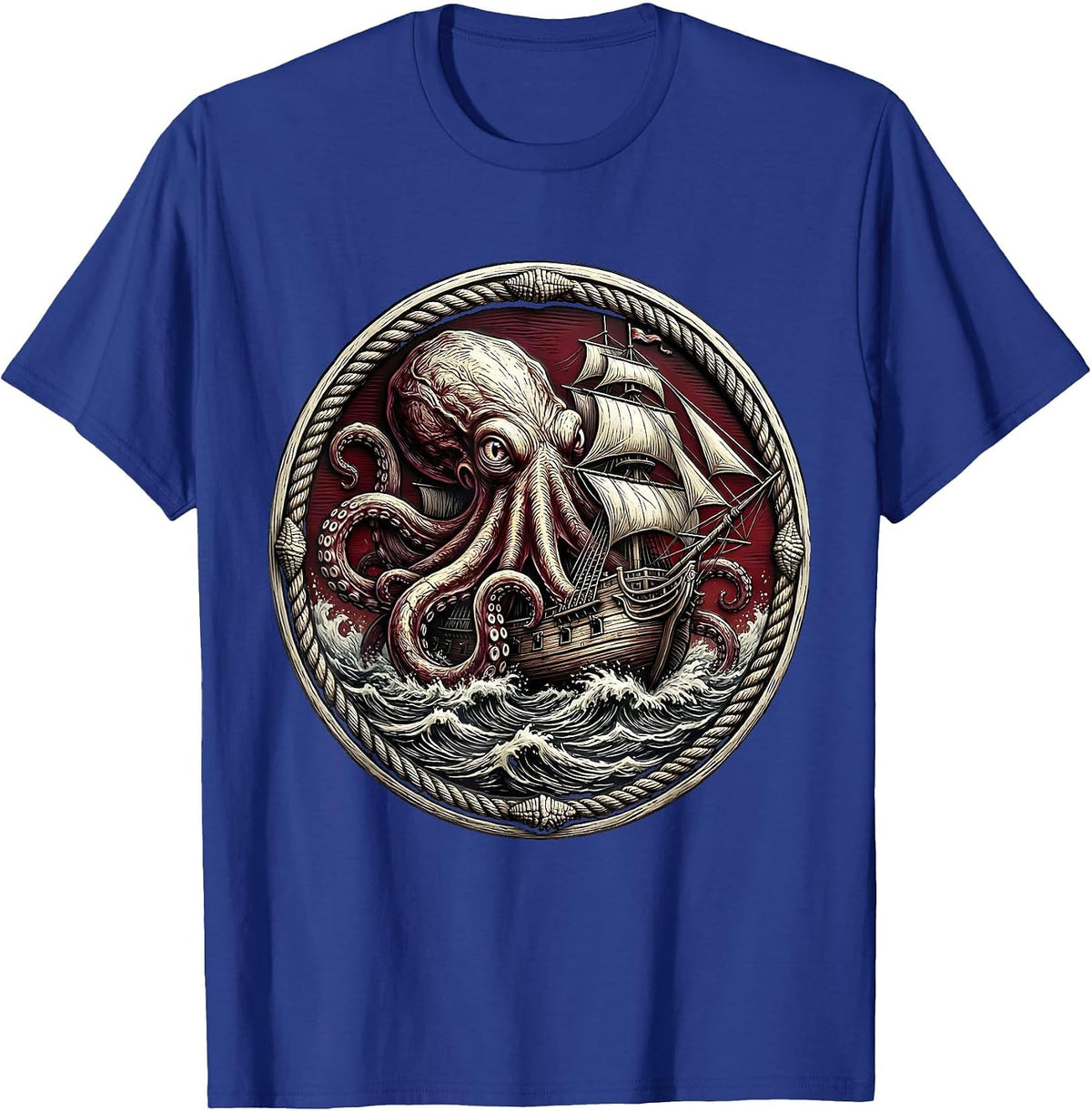 Men's Giant Octopus Sinking Ancient Warship Anime Art T-Shirt - Royal Blue