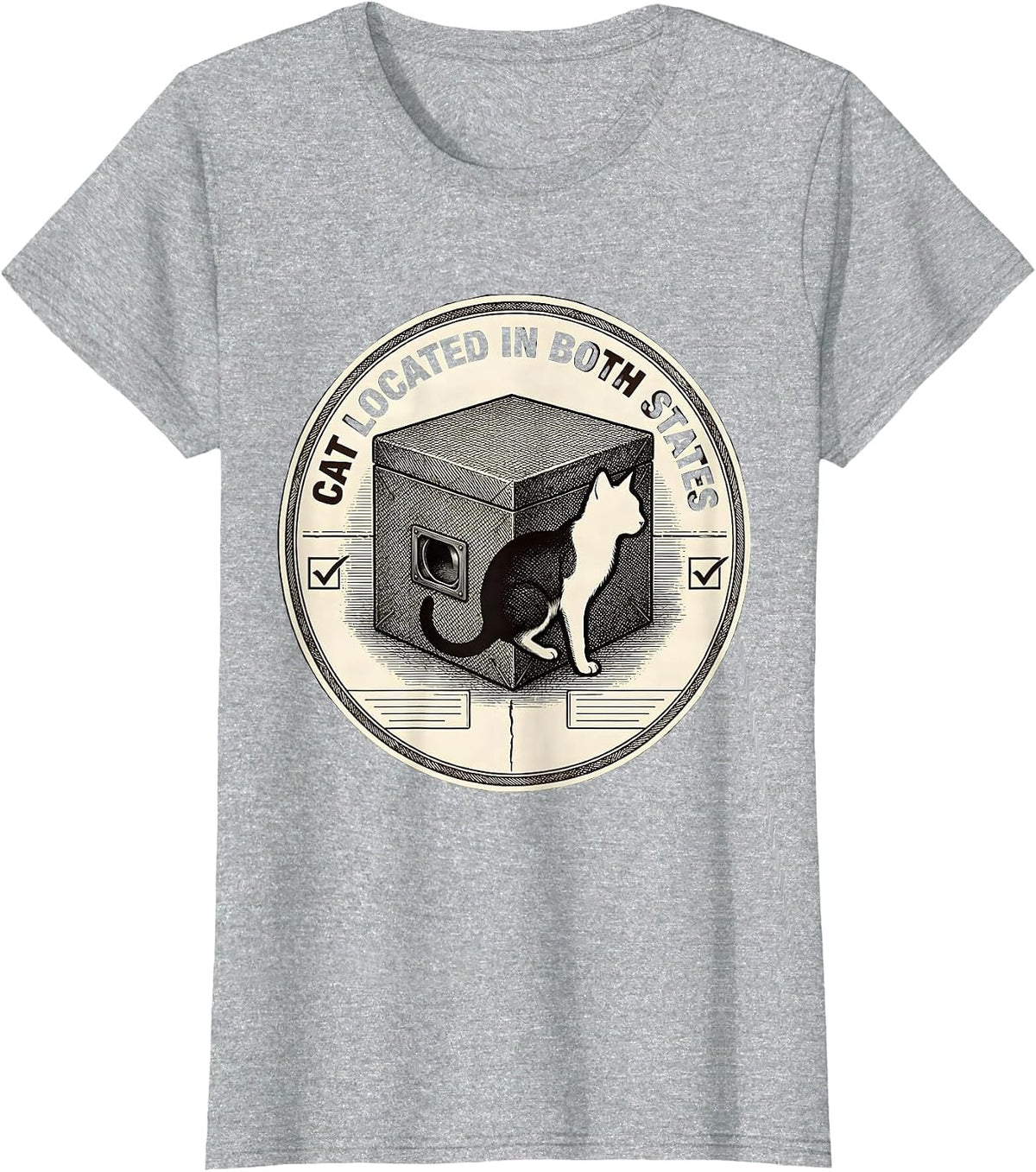 Women's Cat Located In Both States Quantum Physics Humor T-Shirt - Heather Grey