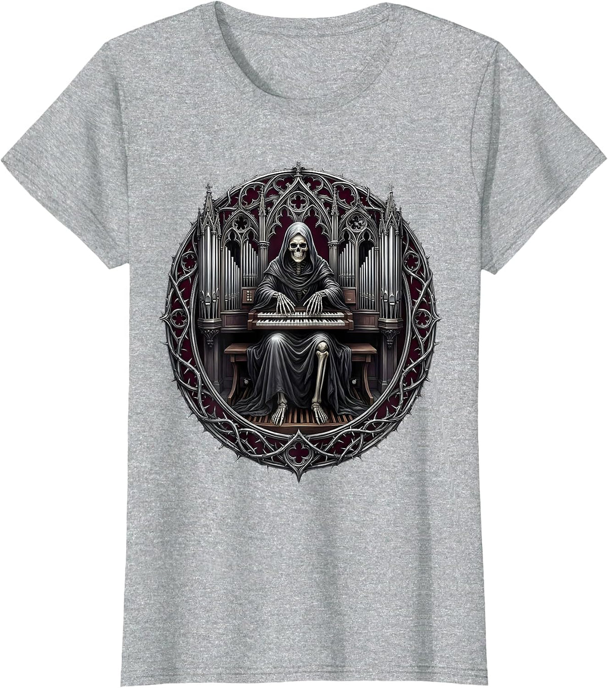 Cloaked Skeleton Pipe Organ Heavy Metal Graphic T-Shirt - Heather Grey
