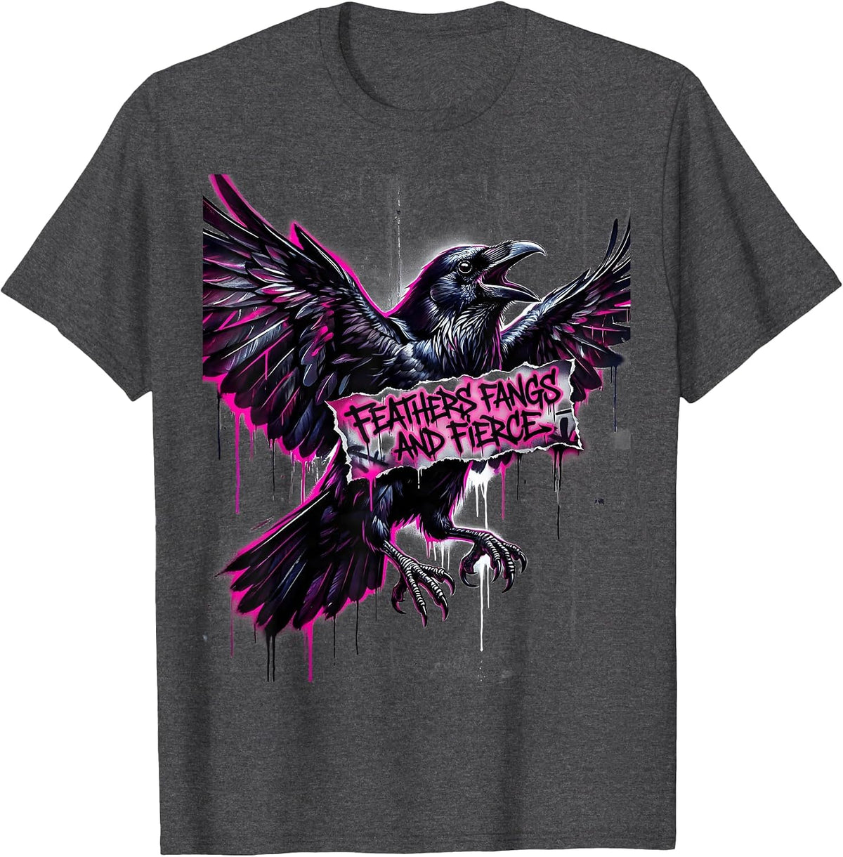 Feathers Fangs and Fierce Crow Design T-Shirt - Dark Heather Grey