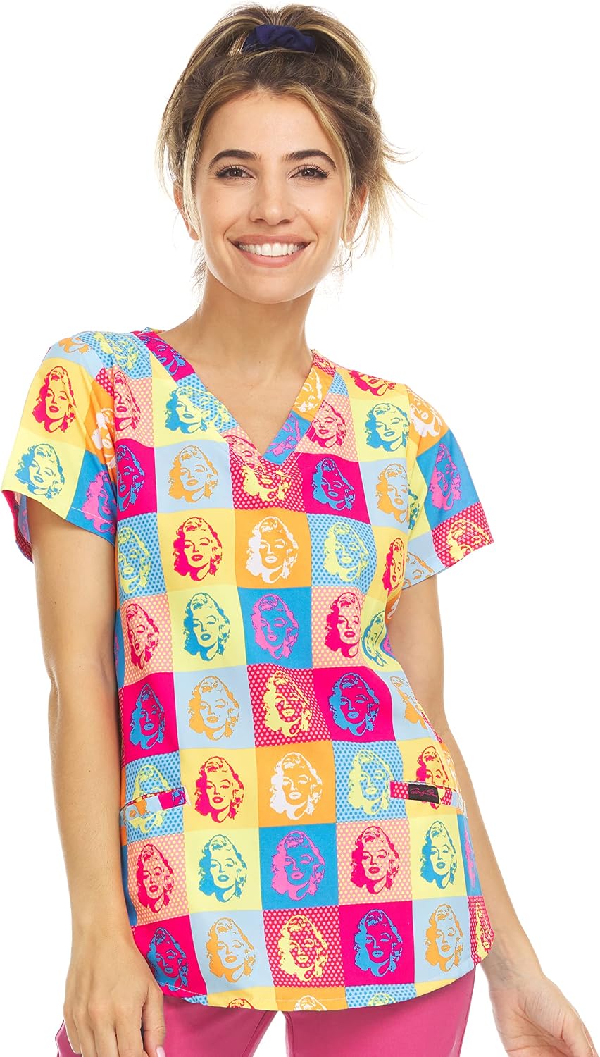 MediChic Women’s Stretch Printed Scrub Top – Fun & Friendly Patterns, Stretch Medical Scrubs V-Neck, Plus - 36-marilyn Pop