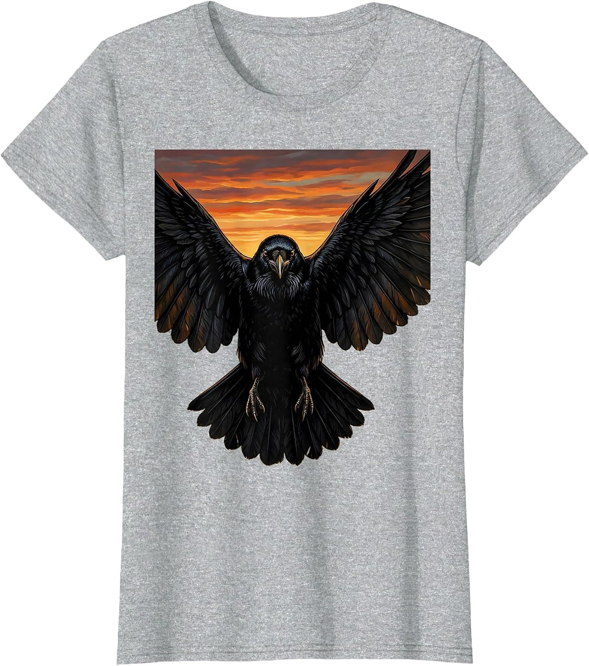 Crow With Spread Wings at Sunset Illustration T-Shirt - Heather Grey