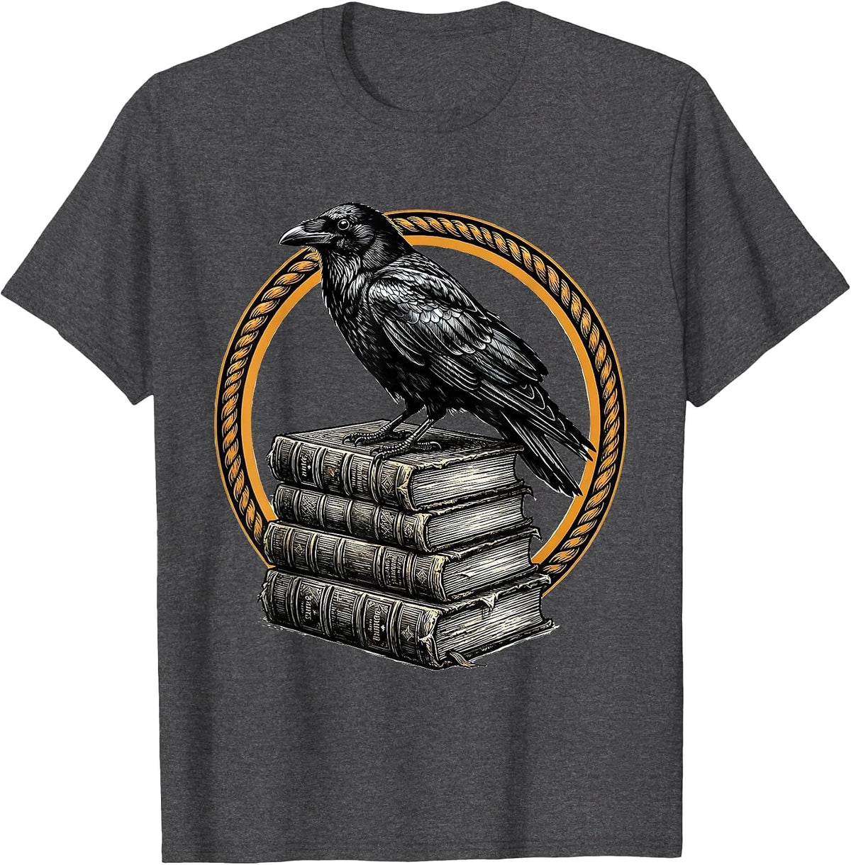 Crow Perched on Stack of Old Books T-Shirt - Dark Heather Grey