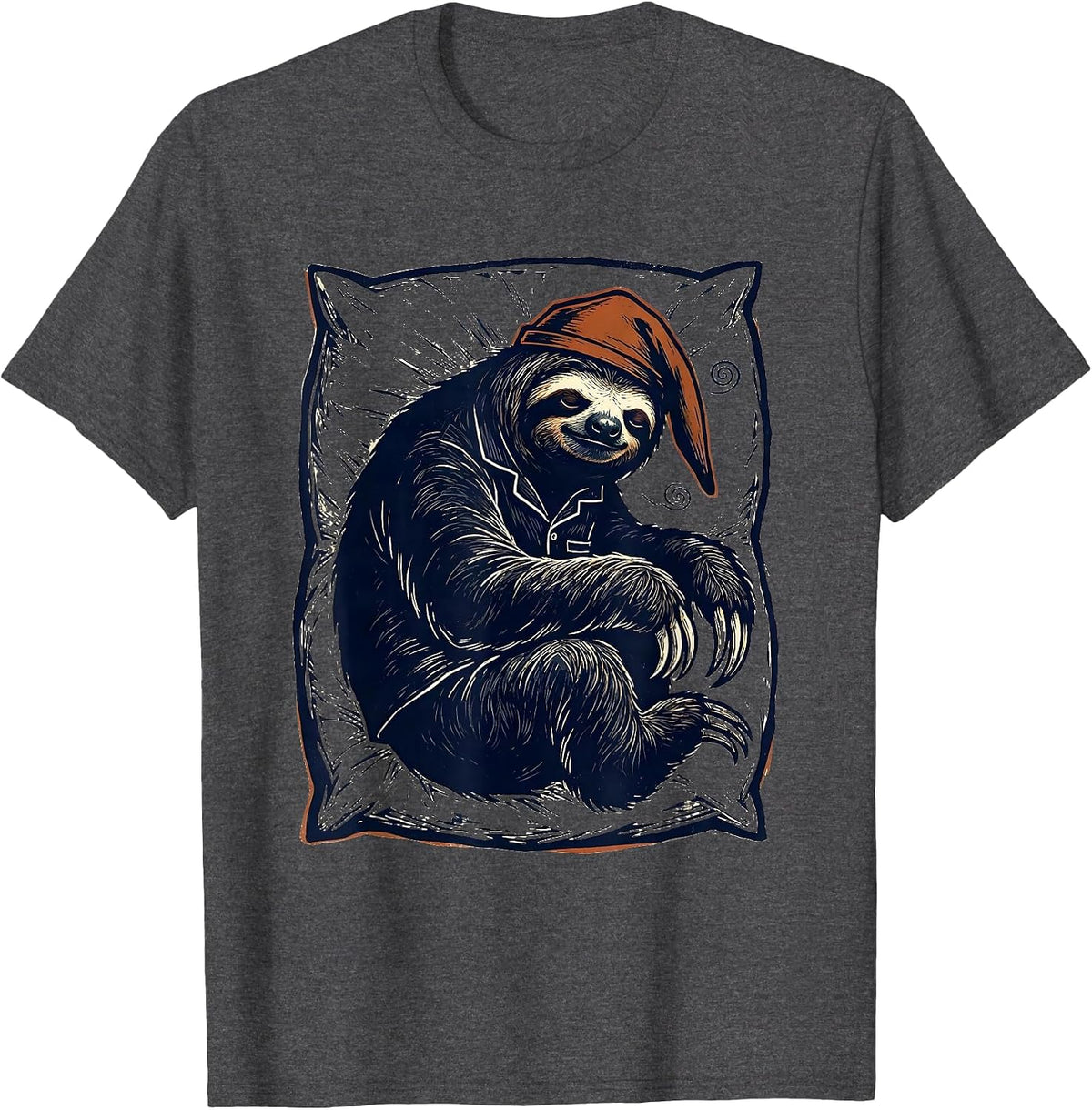Sloth Pajama Linocut Funny Sleepwear Gift T-Shirt - Dark Heather Grey