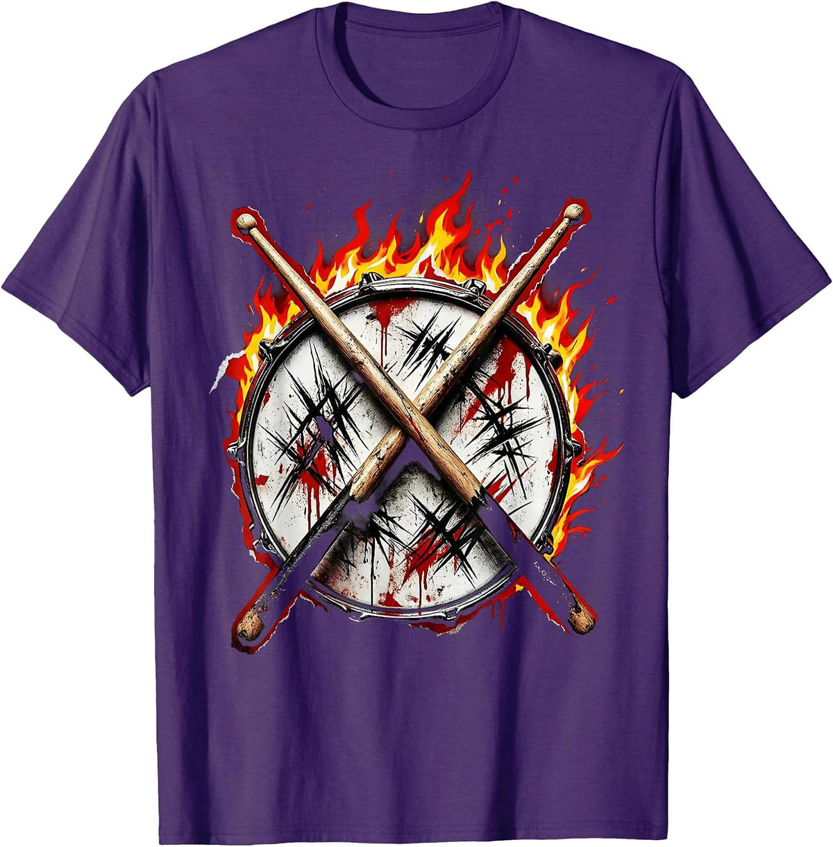 Men's 80s Rock Drummer Flaming Snare Drumsticks Graphic T-Shirt - Purple