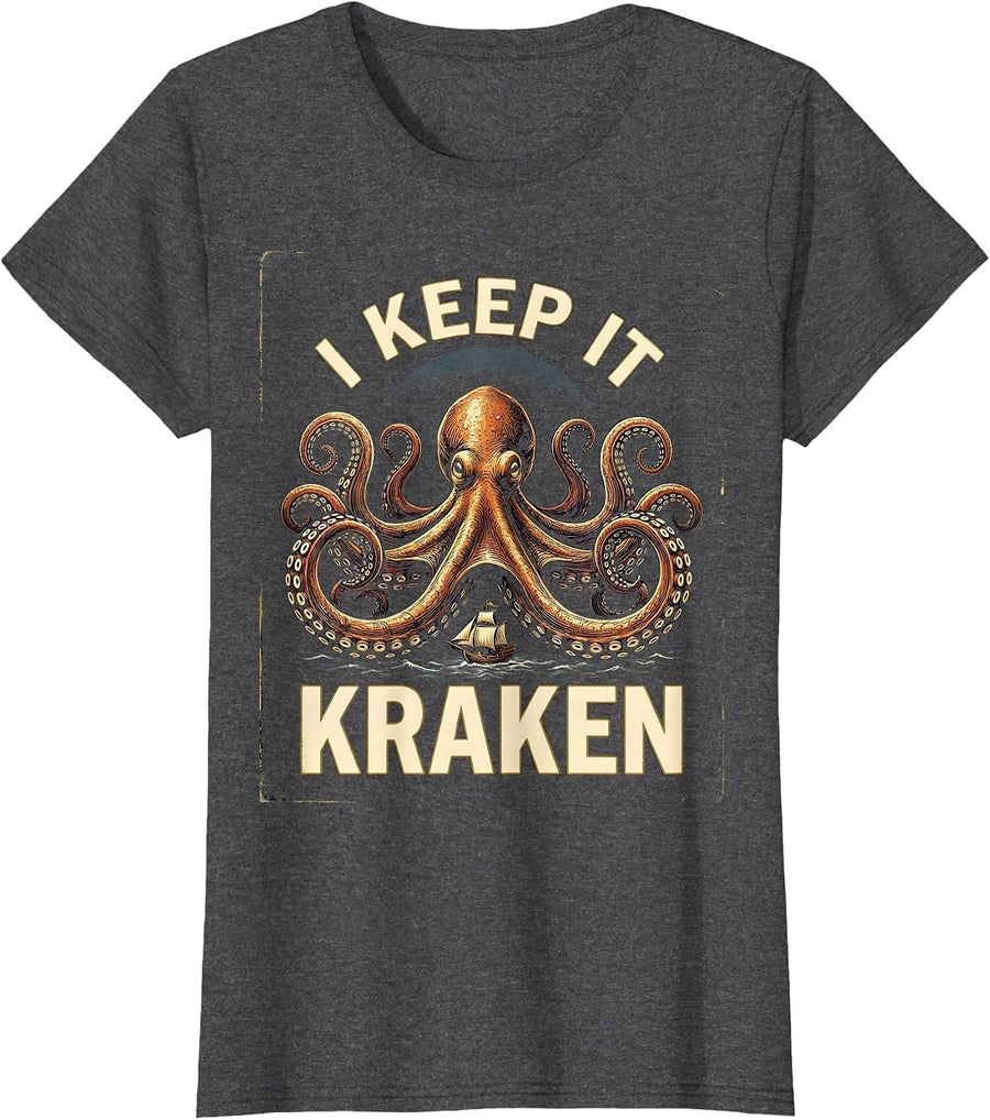 Women's I Keep It Kraken Vintage Kraken Sea Monster Octopus Lover T-Shirt - Dark Heather Grey