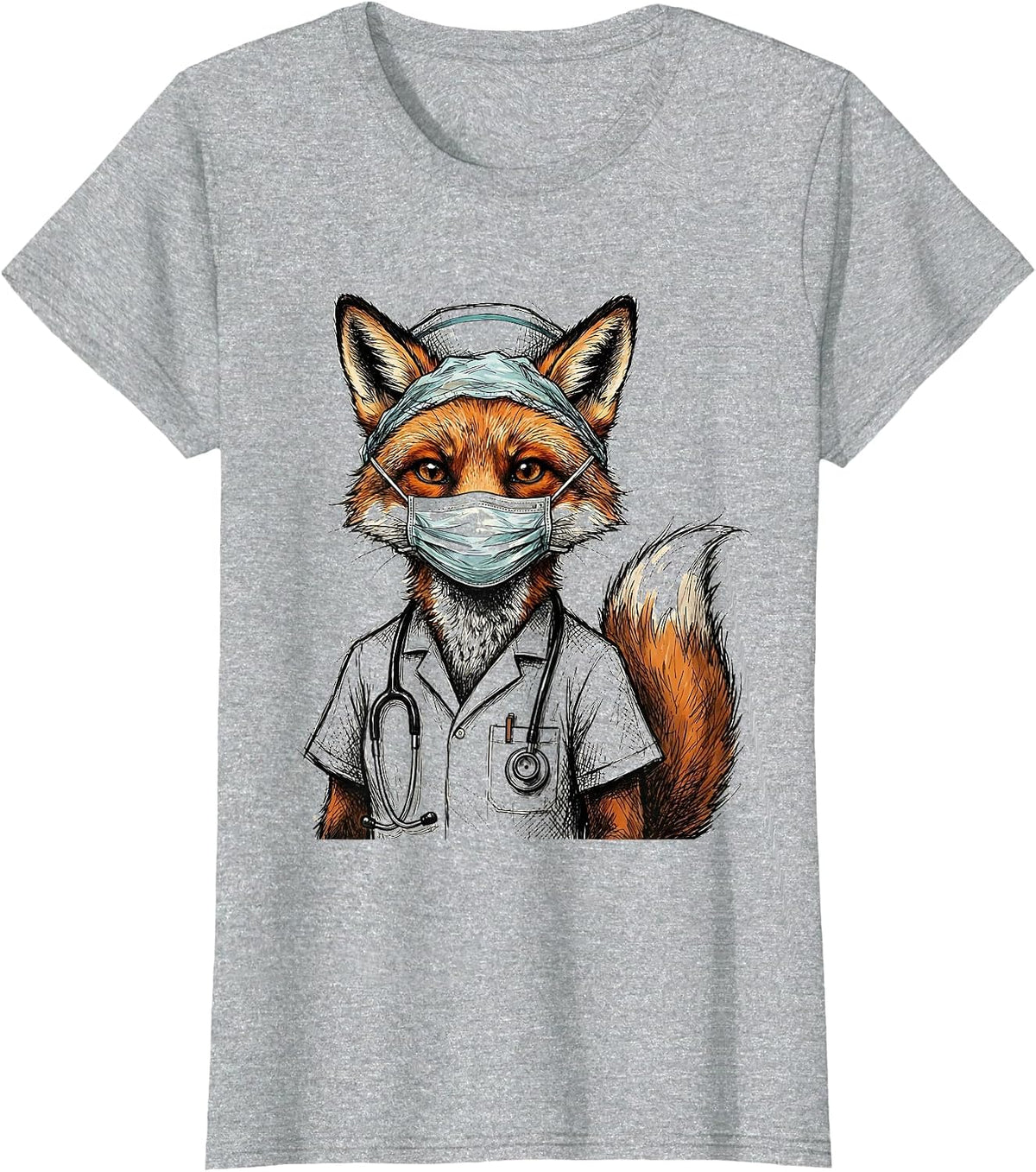 Nurse Fox Surgical Mask and Cap Illustration T-Shirt - Heather Grey