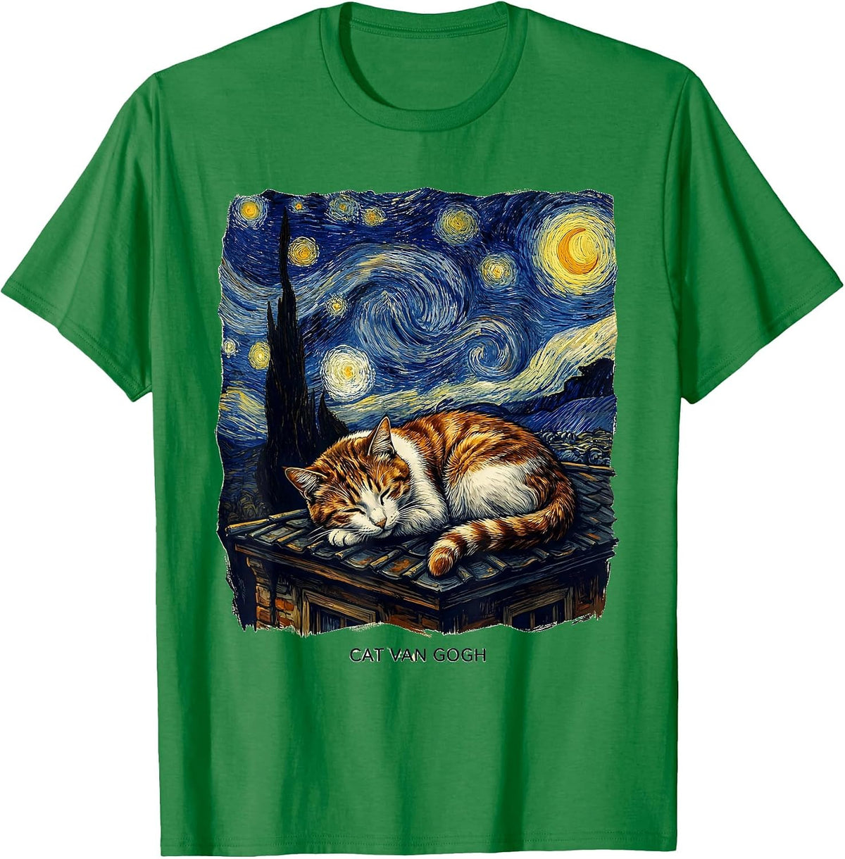 Men's Cat Van Gogh Whimsical Art Parody Cat Lover Gift T-Shirt - Kelly Green