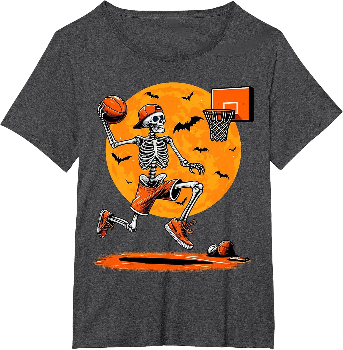 Basketball Skeleton Spooky Boys Halloween Basketball Player T-Shirt - Dark Heather Grey