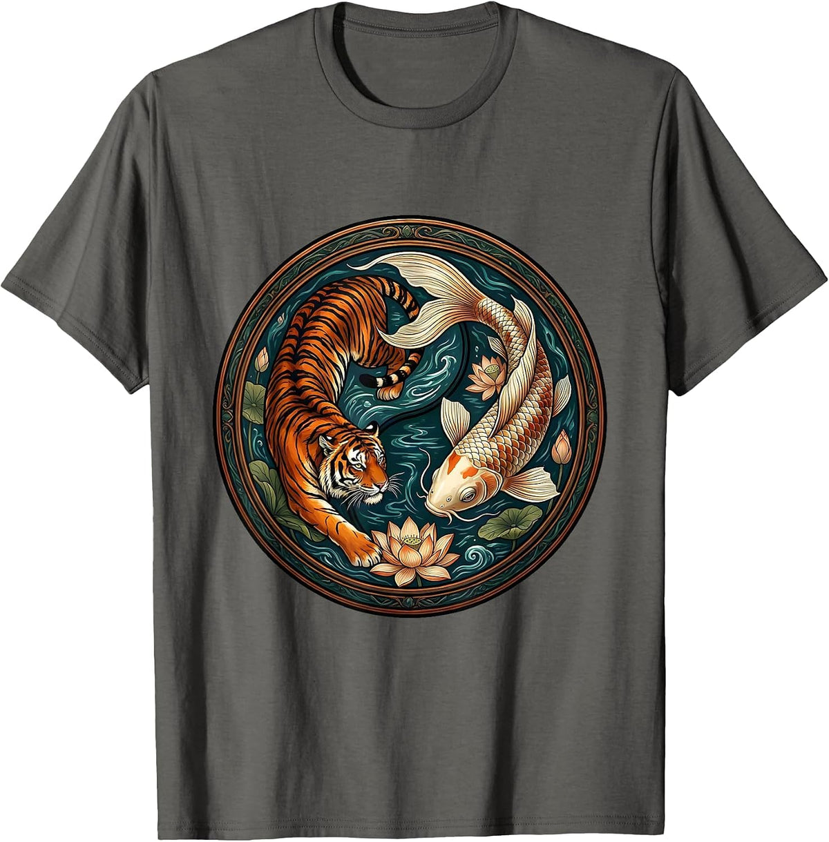 Tiger and Koi Fish Swirling Harmony Design T-Shirt - Asphalt Grey