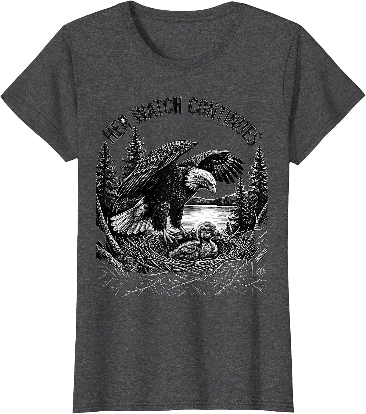Women's Her Watch Continues Sentimental Memorial Bald Eagle Nature T-Shirt - Dark Heather Grey