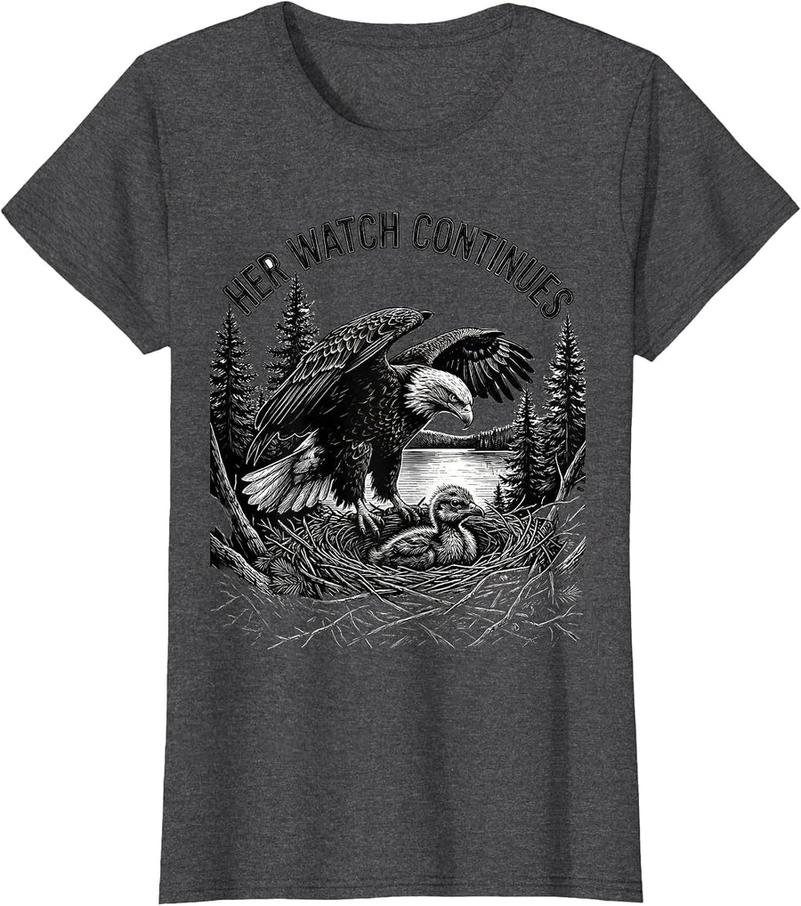Women's Her Watch Continues Sentimental Memorial Bald Eagle Nature T-Shirt - Dark Heather Grey
