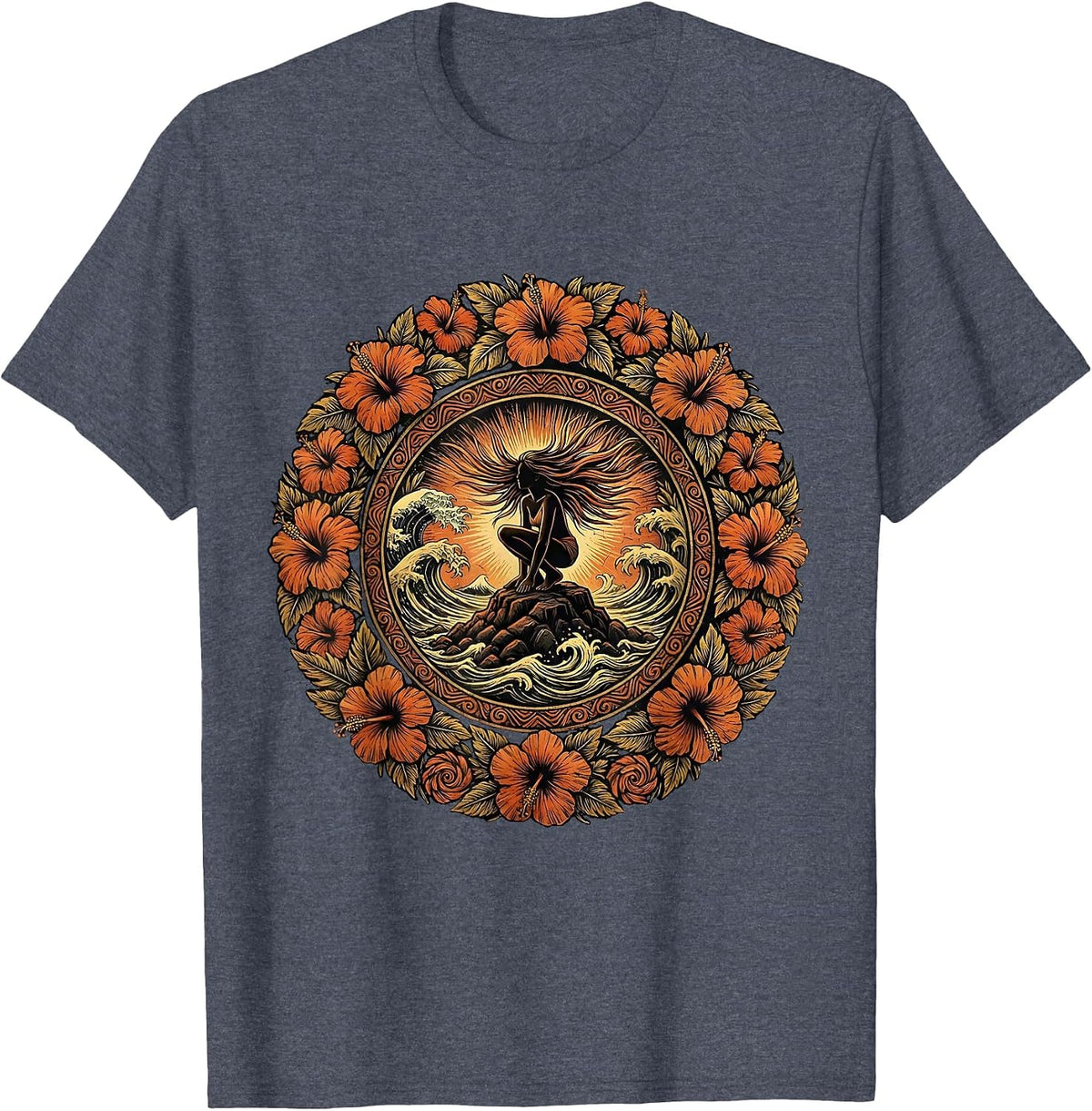 Hawaiian Girl Climbing Lava Rock Ocean Waves T-Shirt - Heather Blue