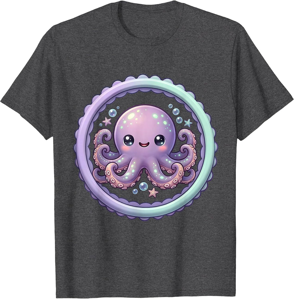 Glowing Bioluminescent Octopus Midnight Ocean Art T-Shirt - Dark Heather Grey