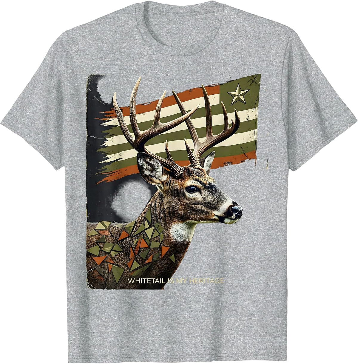 Men's Whitetail Is My Heritage Distressed Camo Deer Hunter Dad T-Shirt - Heather Grey