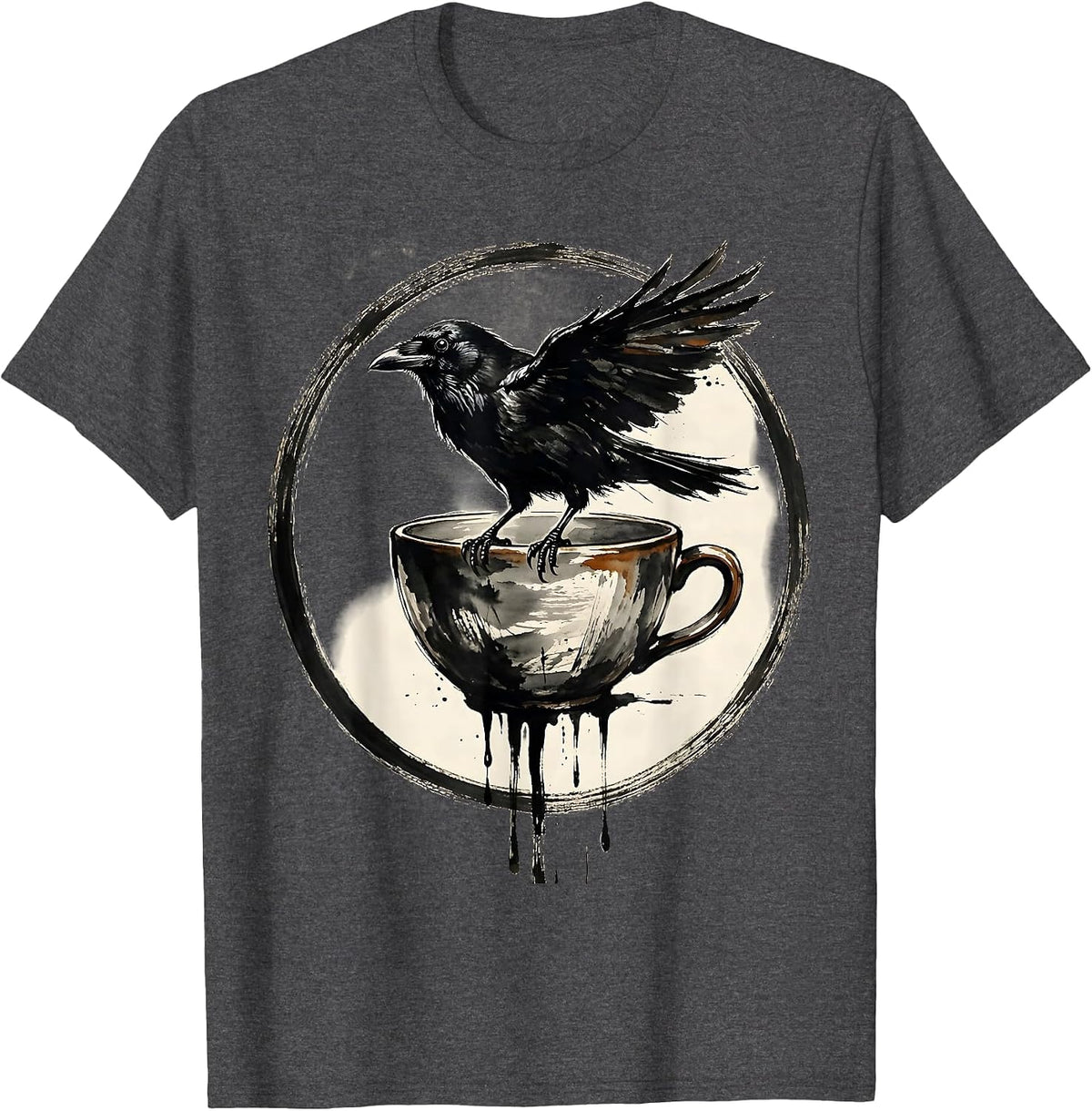 Cawf Crow Perched on Dripping Coffee Cup T-Shirt - Dark Heather Grey
