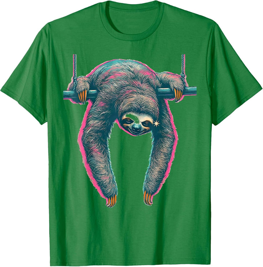 Men's Sloth Draped Over Pendulum Bar Risograph Humor T-Shirt - Kelly Green