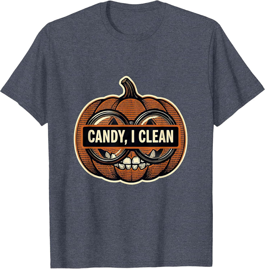 Candy I Clean Funny Dental Hygienist Halloween Fall Humor T-Shirt - Heather Blue