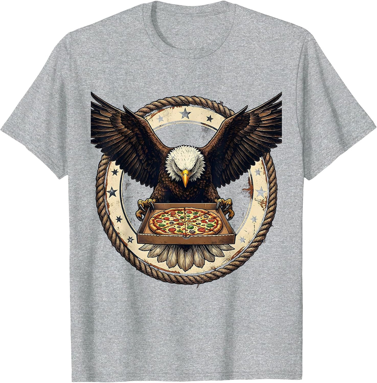 Men's Bald Eagle Pizza Delivery Funny Novelty Graphic Tee T-Shirt - Heather Grey