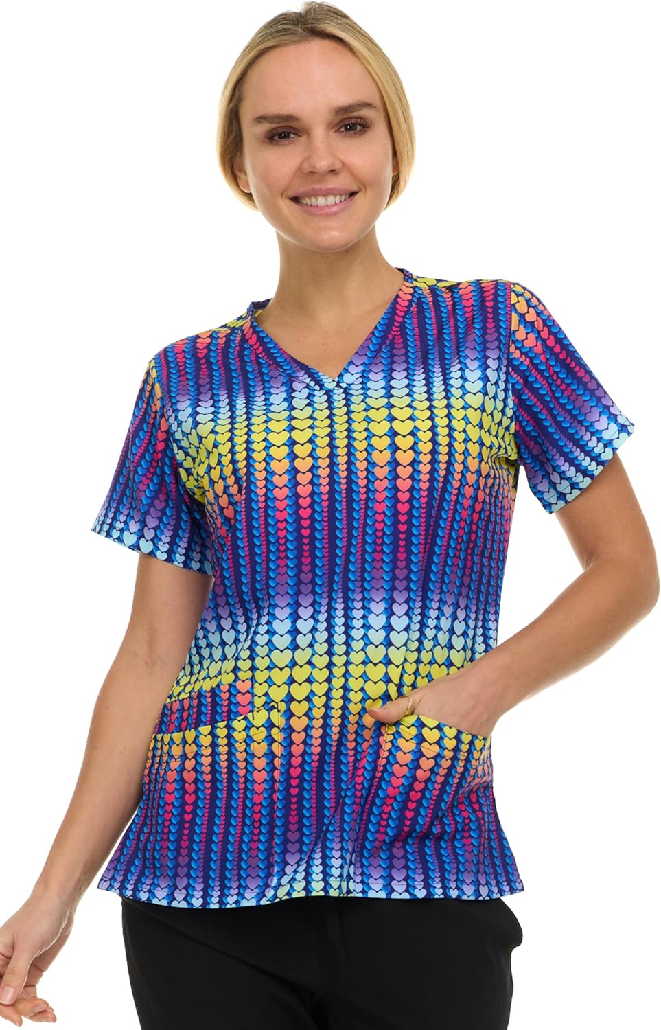 MediChic Women’s Stretch Printed Scrub Top – Fun & Friendly Patterns, Stretch Medical Scrubs V-Neck, Plus - Love Collage