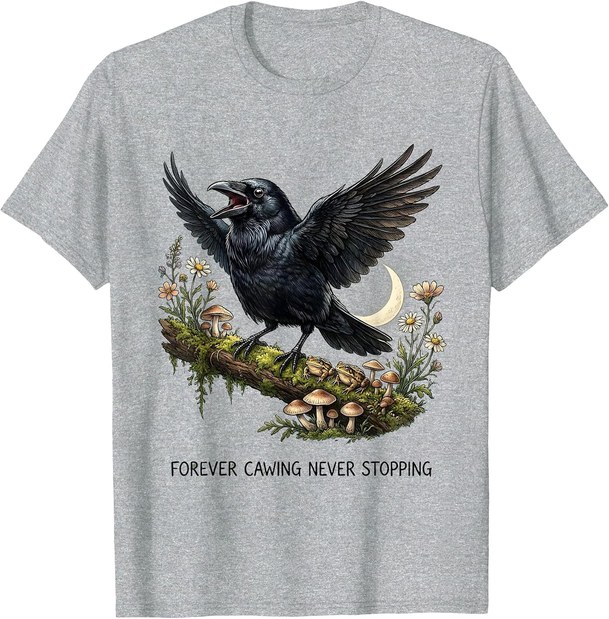 Men's Forever Cawing Never Stopping Crow Design T-Shirt - Heather Grey