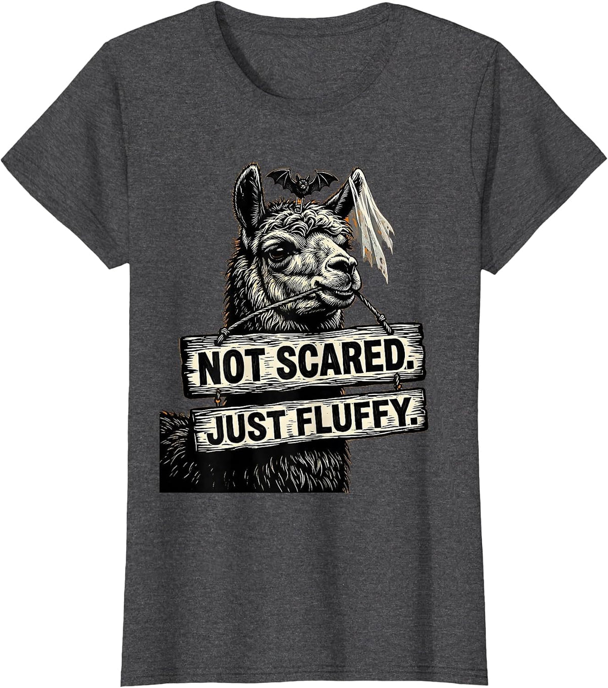 Women's Not Scared Just Fluffy Linocut Funny Llama Halloween T-Shirt - Dark Heather Grey