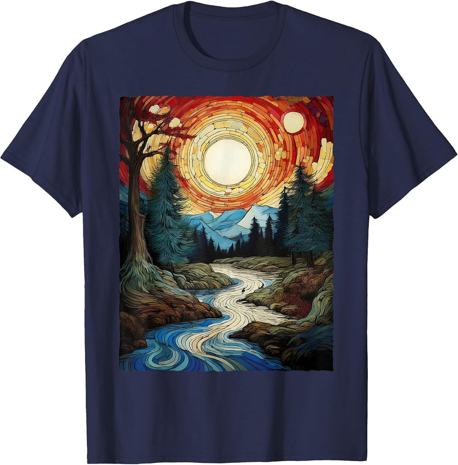 Stained Glass Art Mountain River Forest Nature Landscape T-Shirt - Navy Blue
