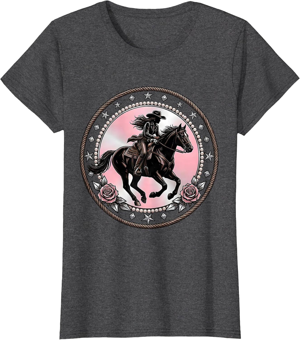 Women's Cowgirl Riding Horse Sunset Silhouette T-Shirt - Dark Heather Grey