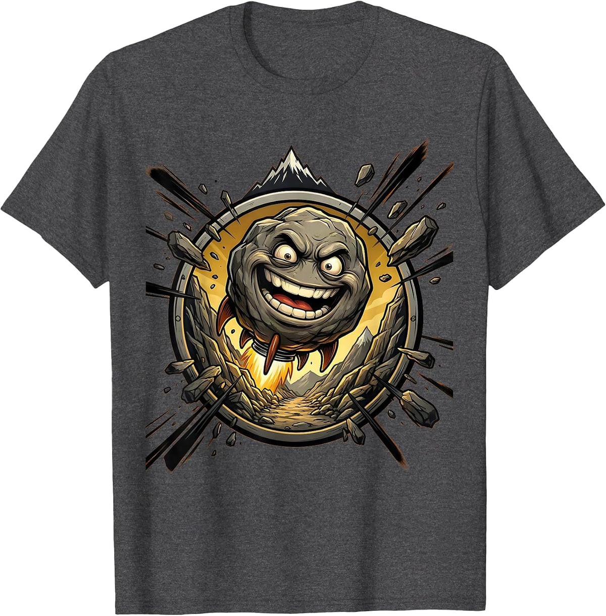 Boulder Rolling Down Mountain Graphic Tee T-Shirt - Dark Heather Grey