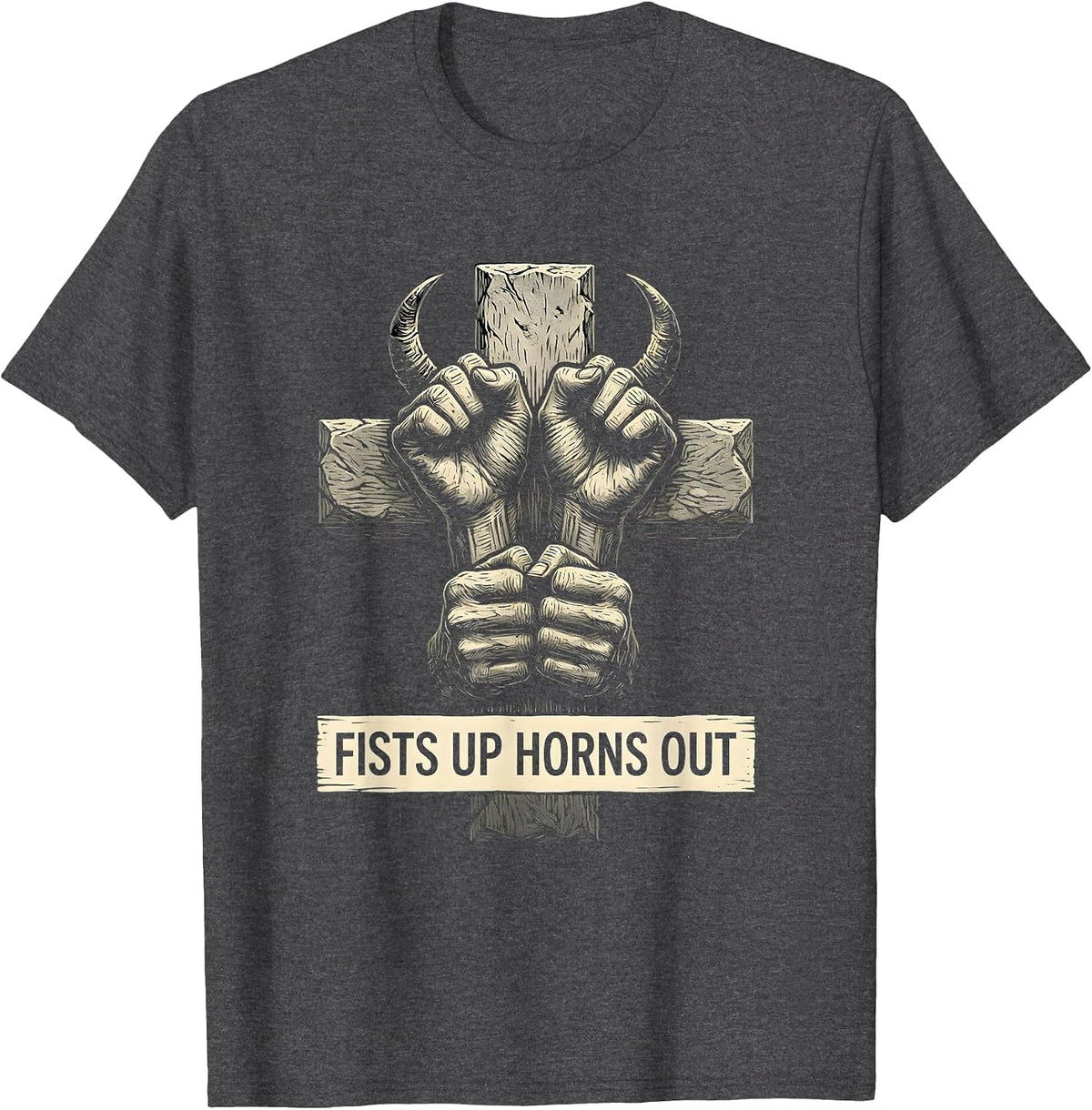 Fists Up Horns Out Metal Band Graphic Design T-Shirt - Dark Heather Grey