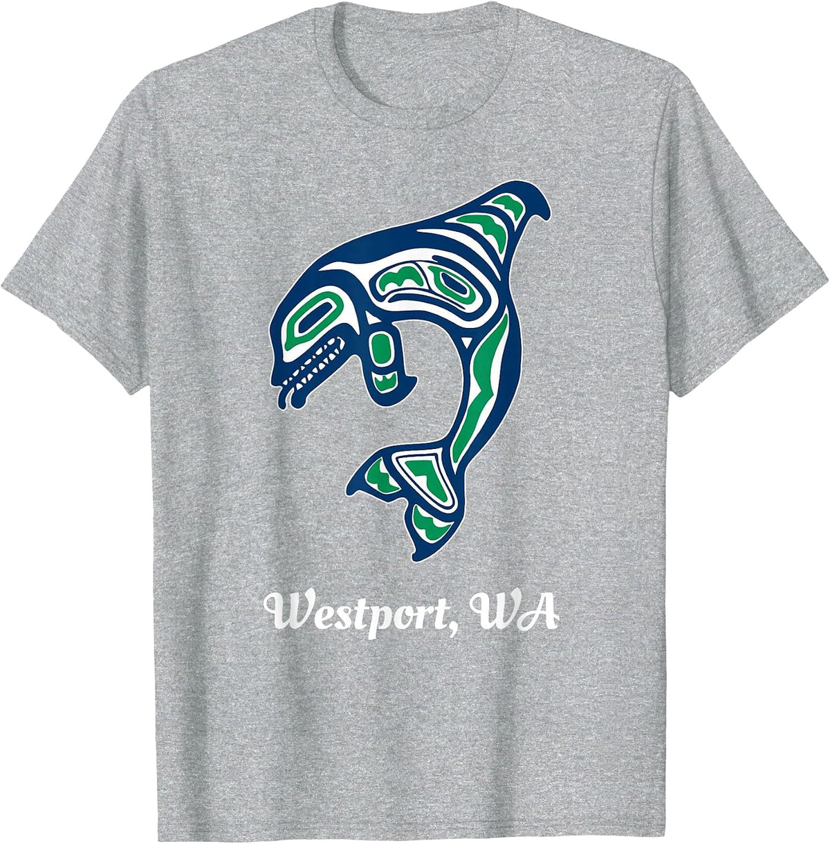 Blue Green Native American Westport WA Orca Killer Whale T-Shirt - Heather Grey